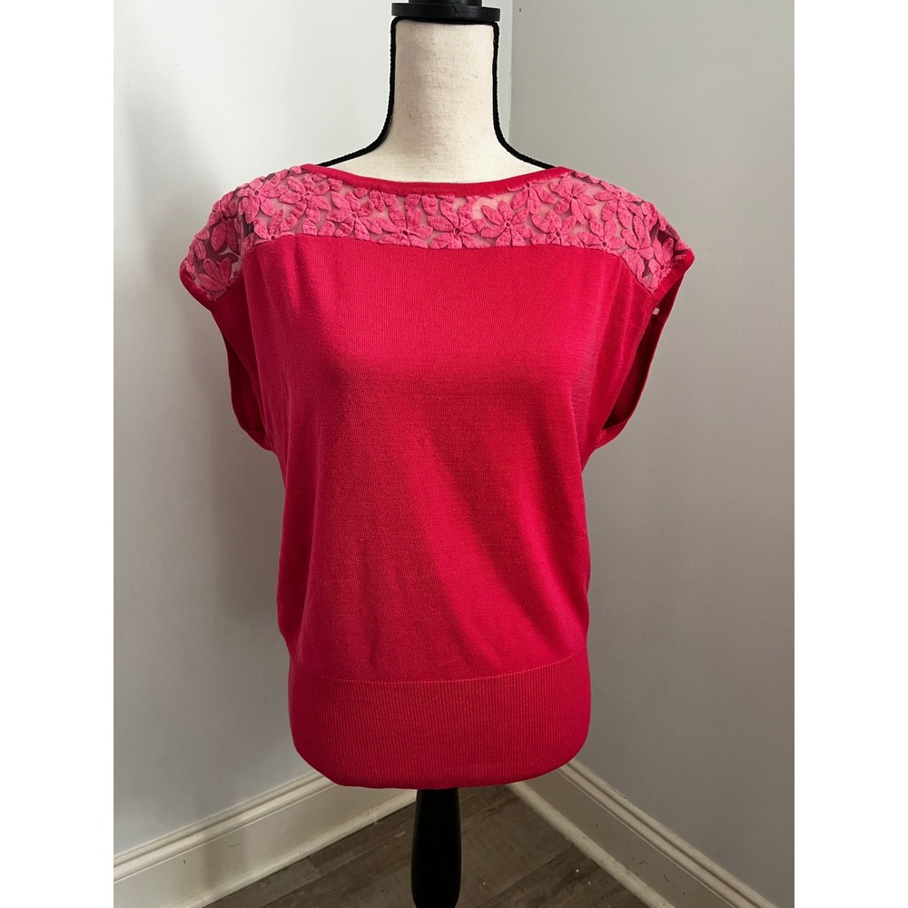 Pink Knit Sweater Vest Large Floral Lace Yoke Y2K Romantic Office Chic Feminine